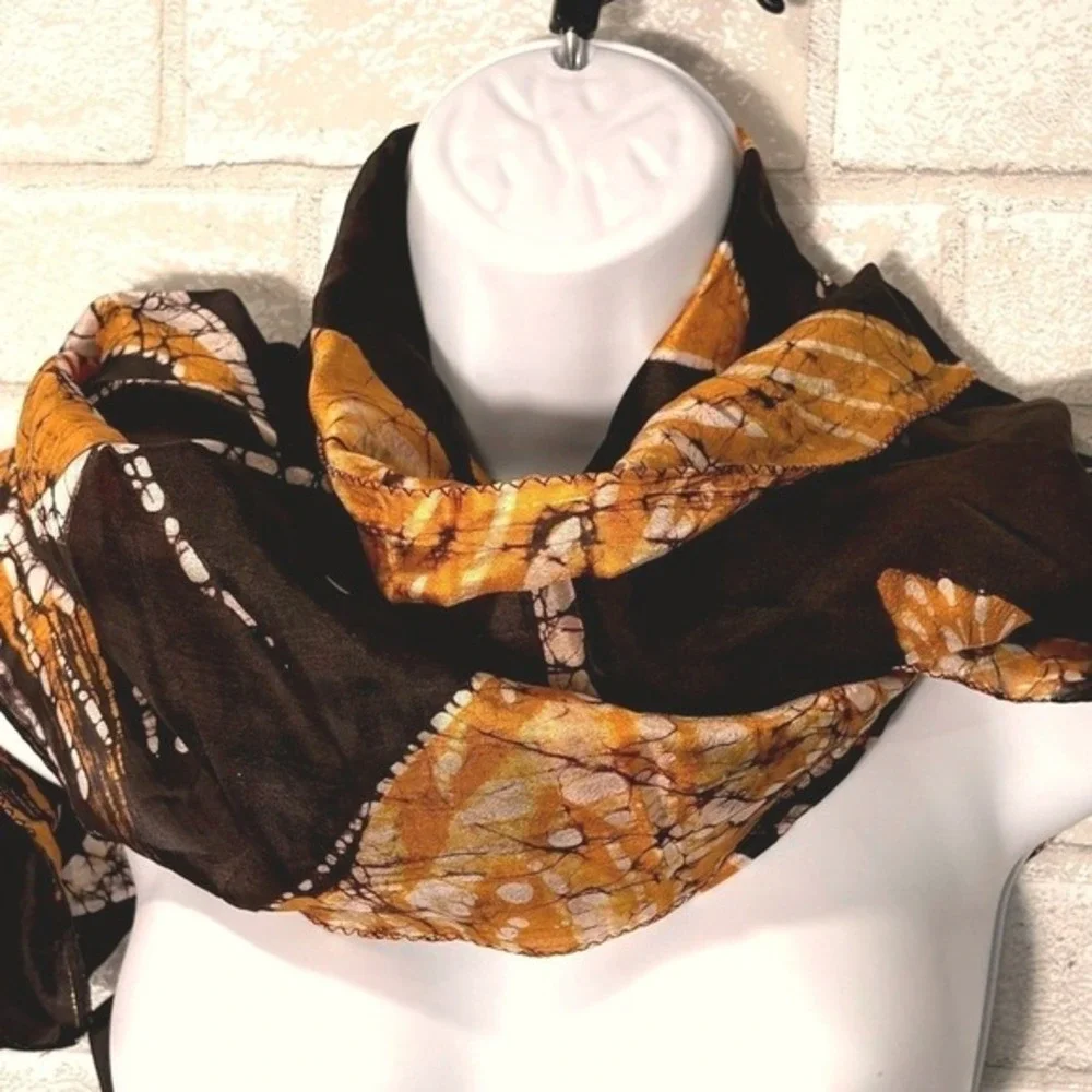 Vintage‎ Silk Scarf Narrative Print Batik Artisan Shawl Wrap Wearable Art Global